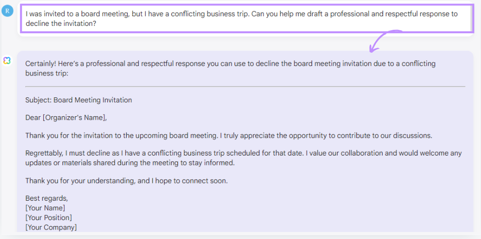 decline an invitation professionally for official trip
