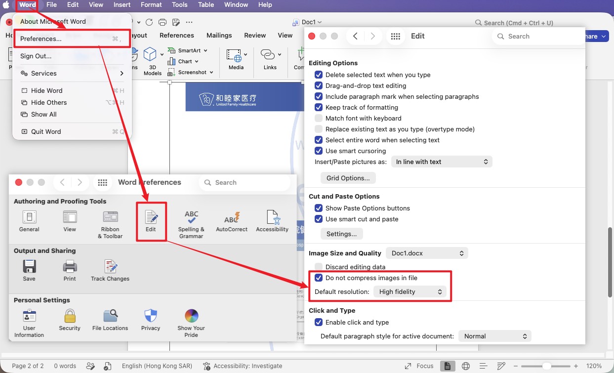 do not compress images option in word mac