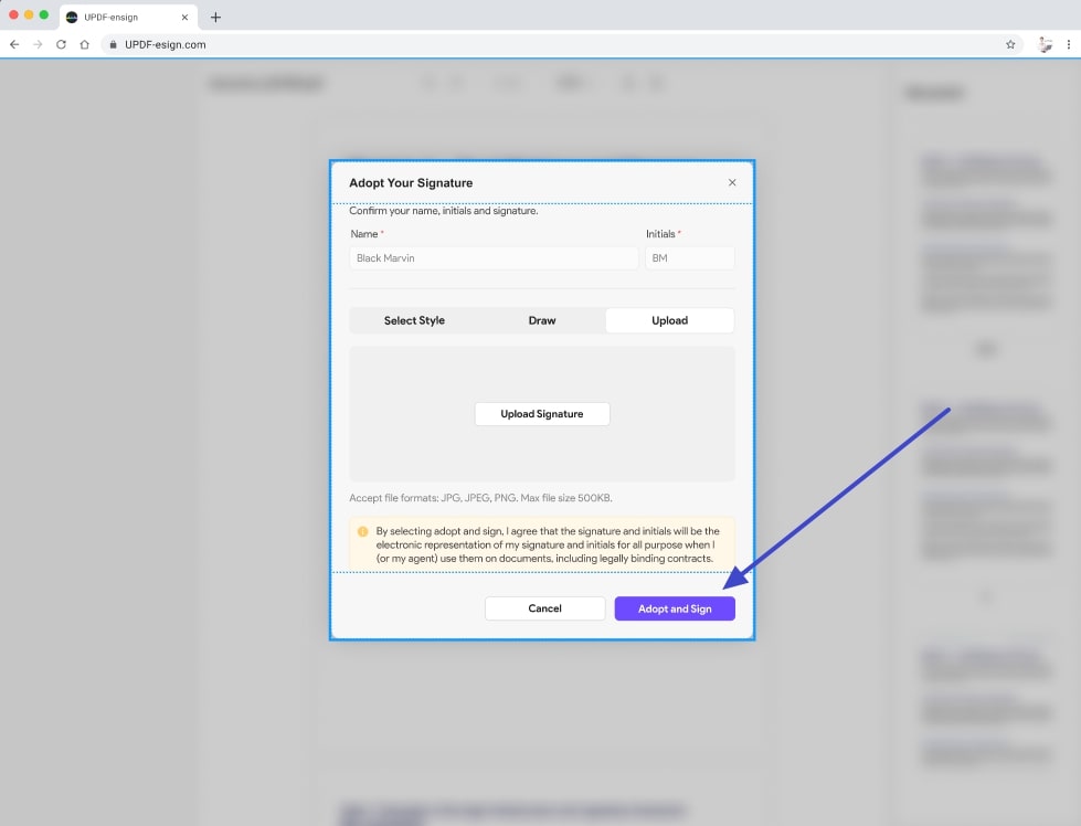 use the adopt and sign button