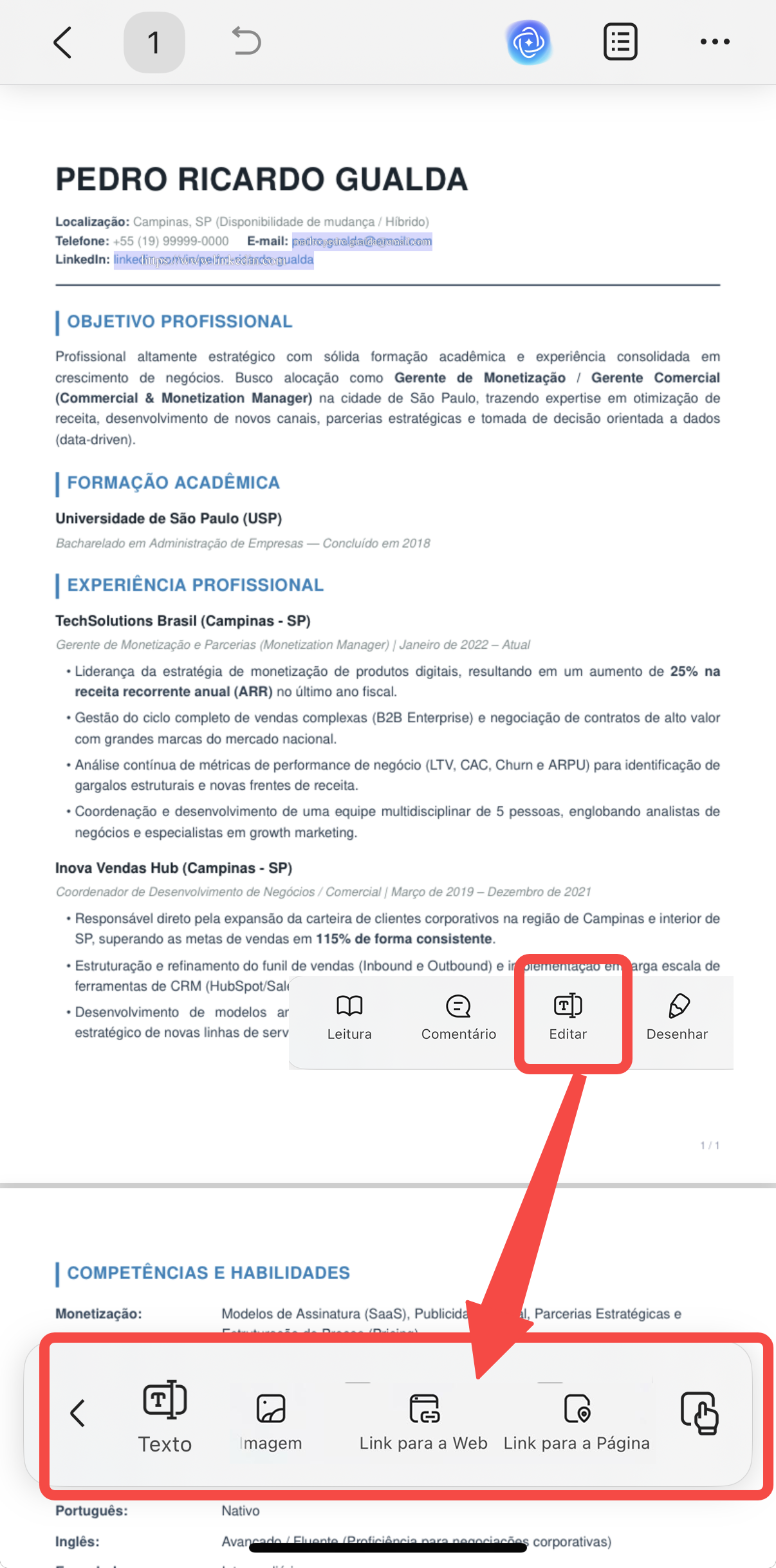 editar currículo pdf com updf no celular