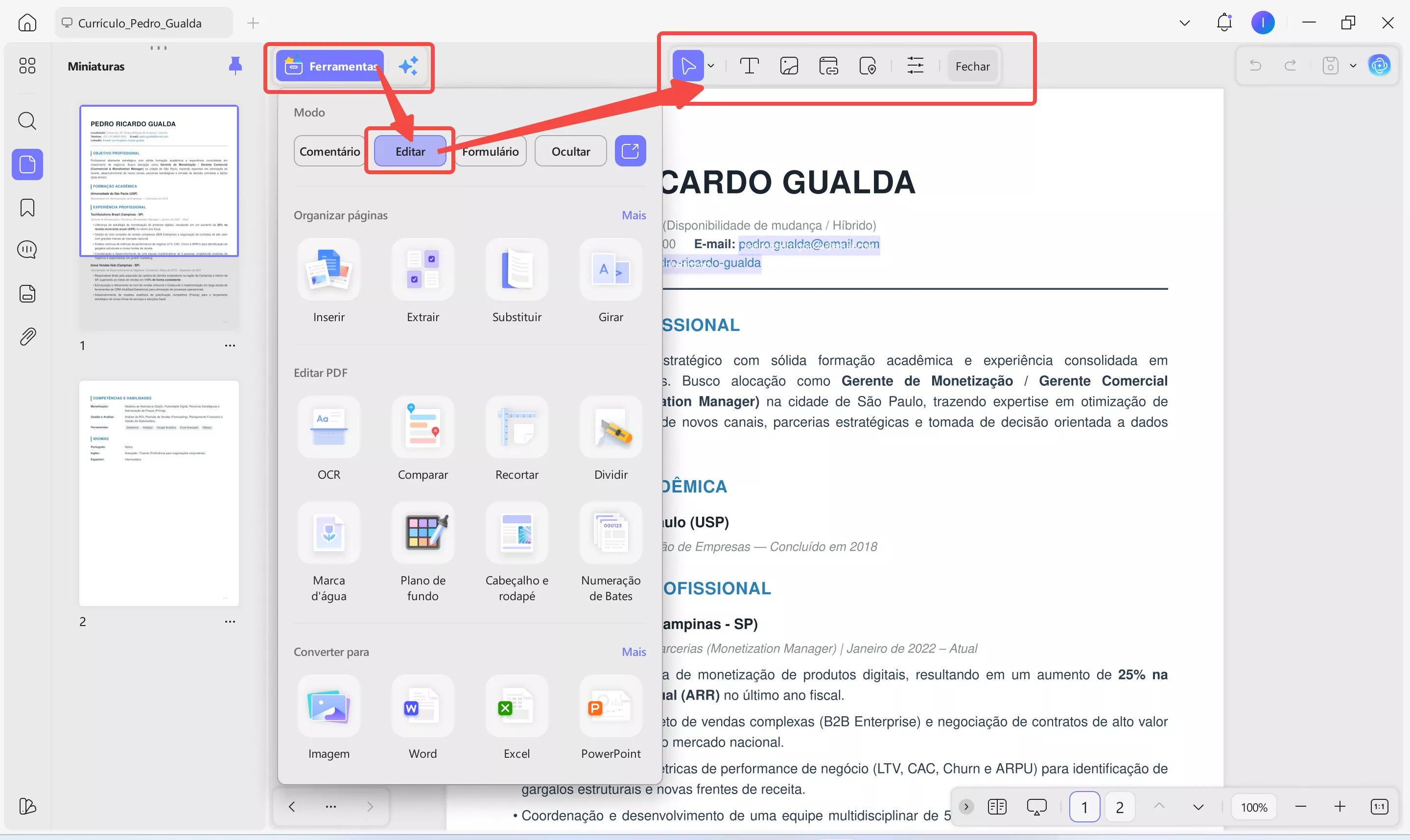 editar currículo pdf no updf
