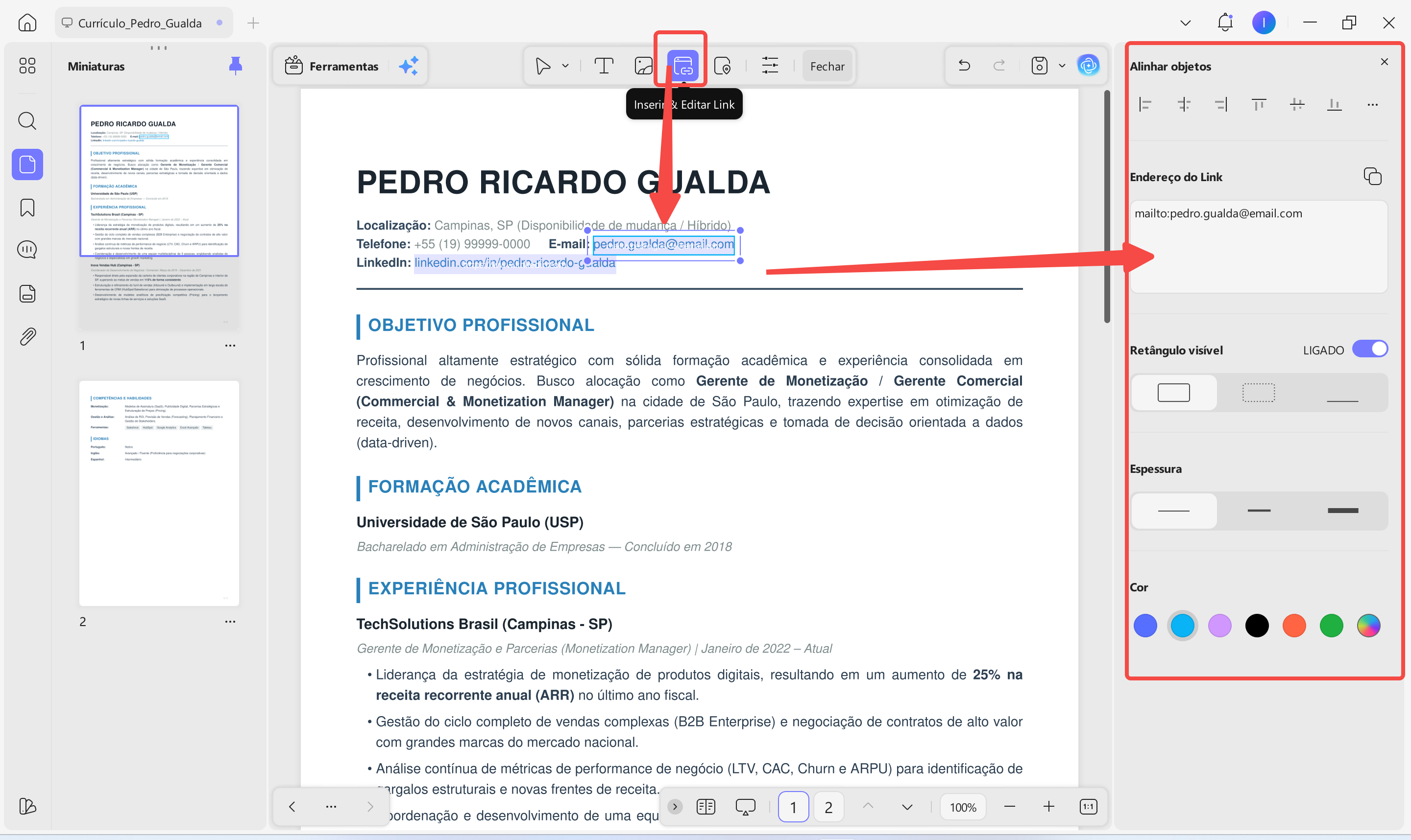 editar link no currículo pdf com updf