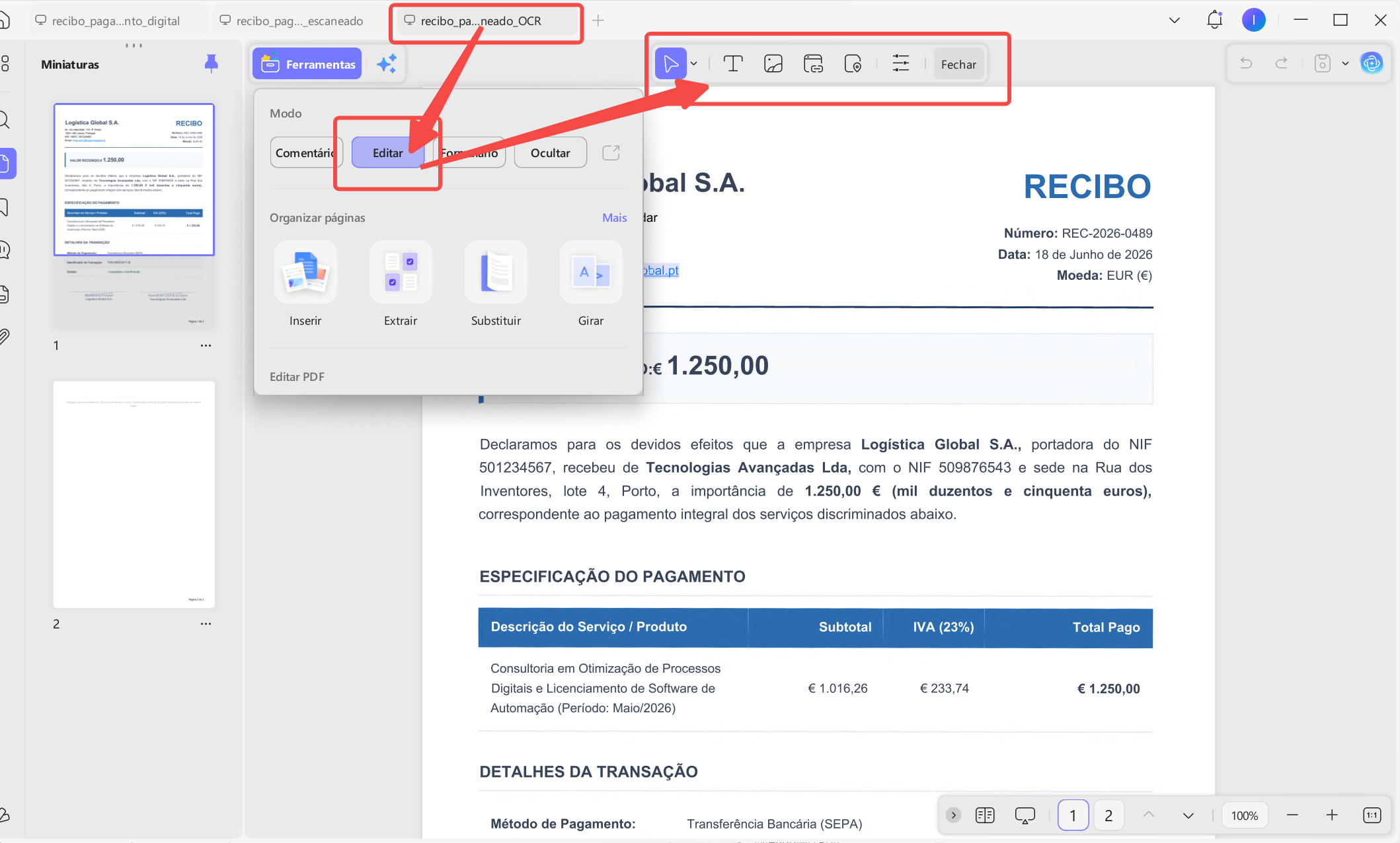 Após concluir o OCR, você pode entrar no modo de edição para modificar o conteúdo do recibo