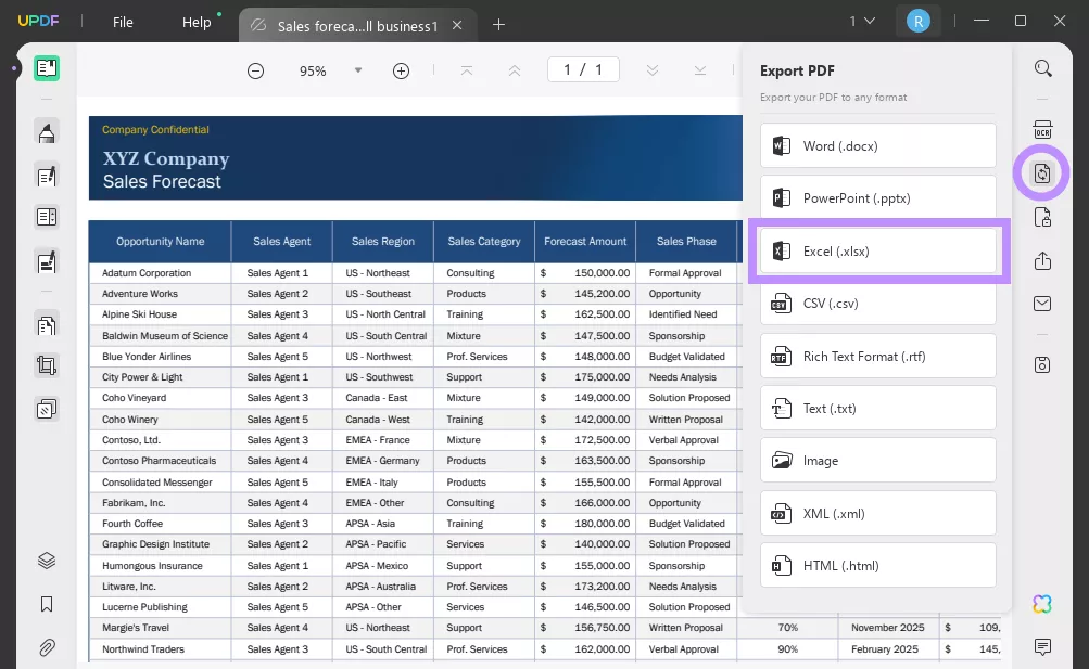 export pdf as excel with updf on windows