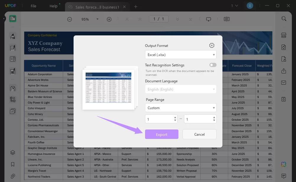 customize settings and click export in updf on windows