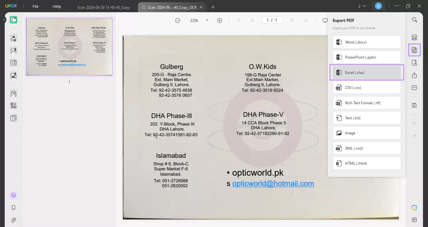 export scanned business card to excel updf windows