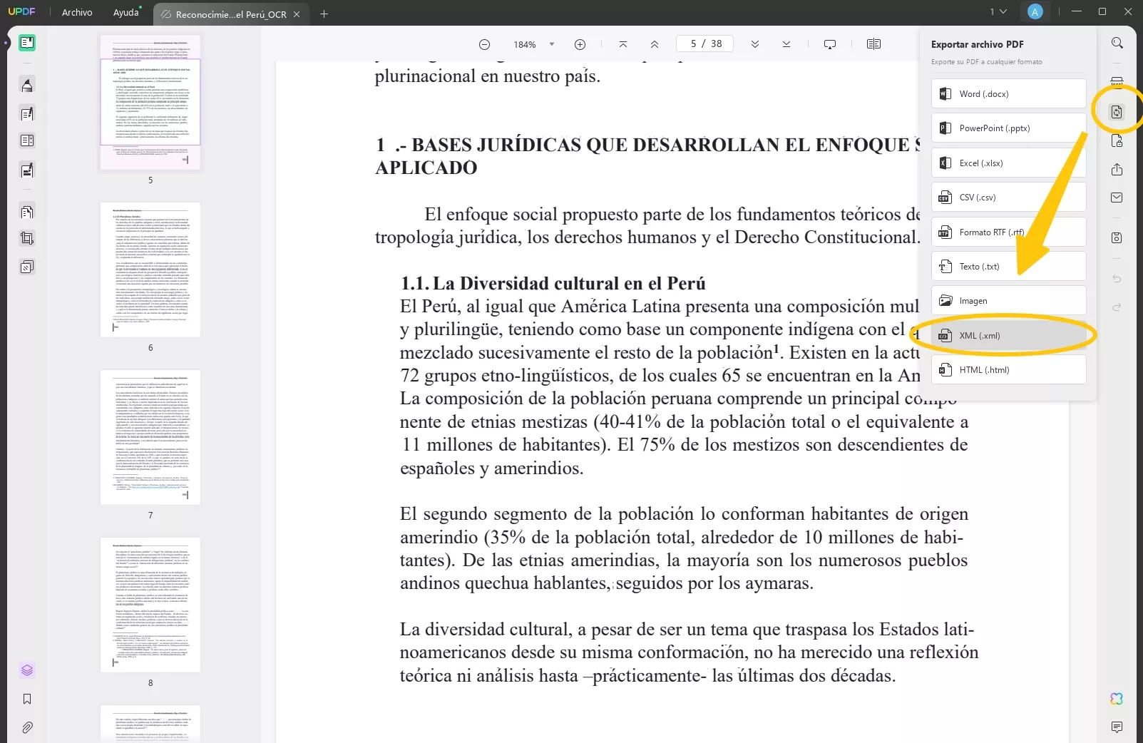 exportar pdf a xml.