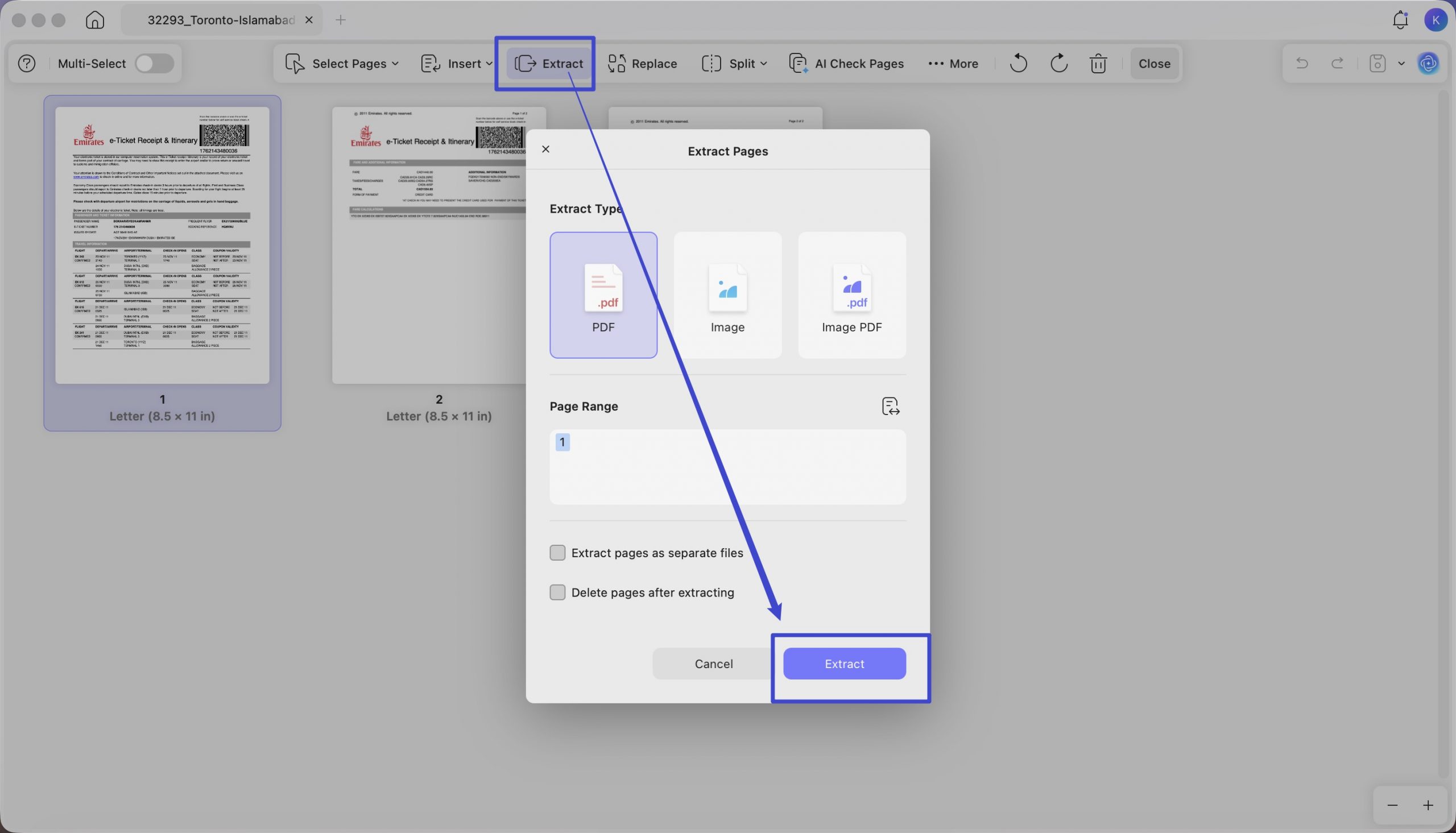 extract selected ticket page