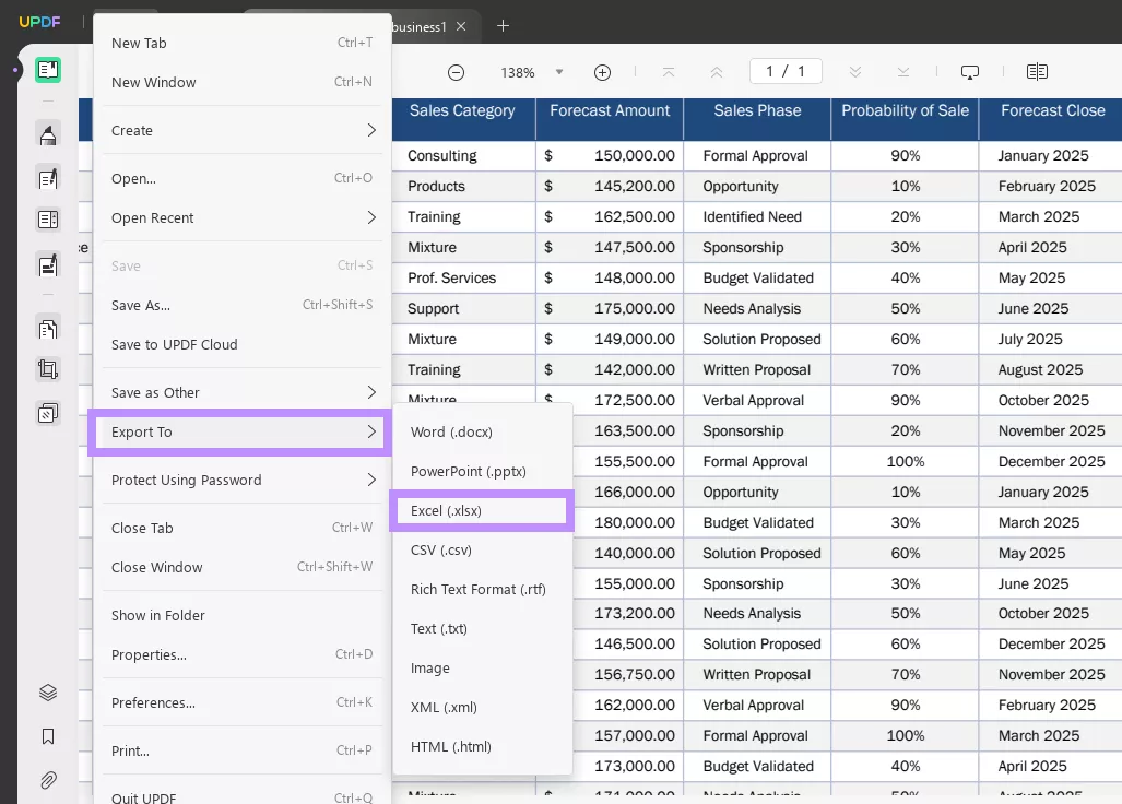 export pdf as excel using updf's file menu