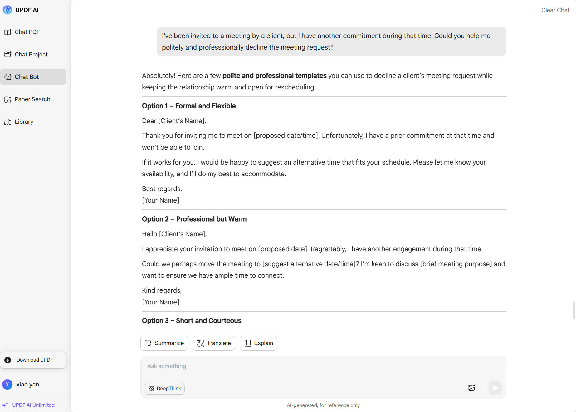 decline an invitation professionally for meeting