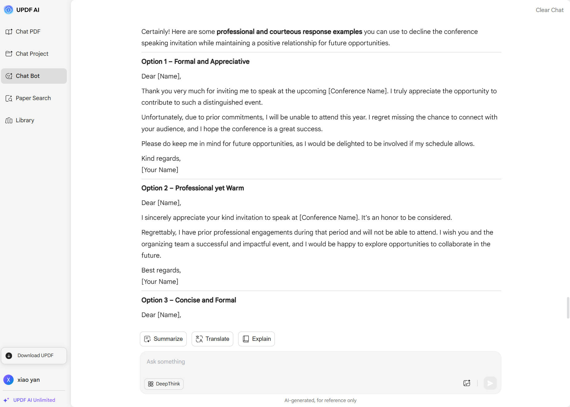 decline invitation professionally with updf ai online