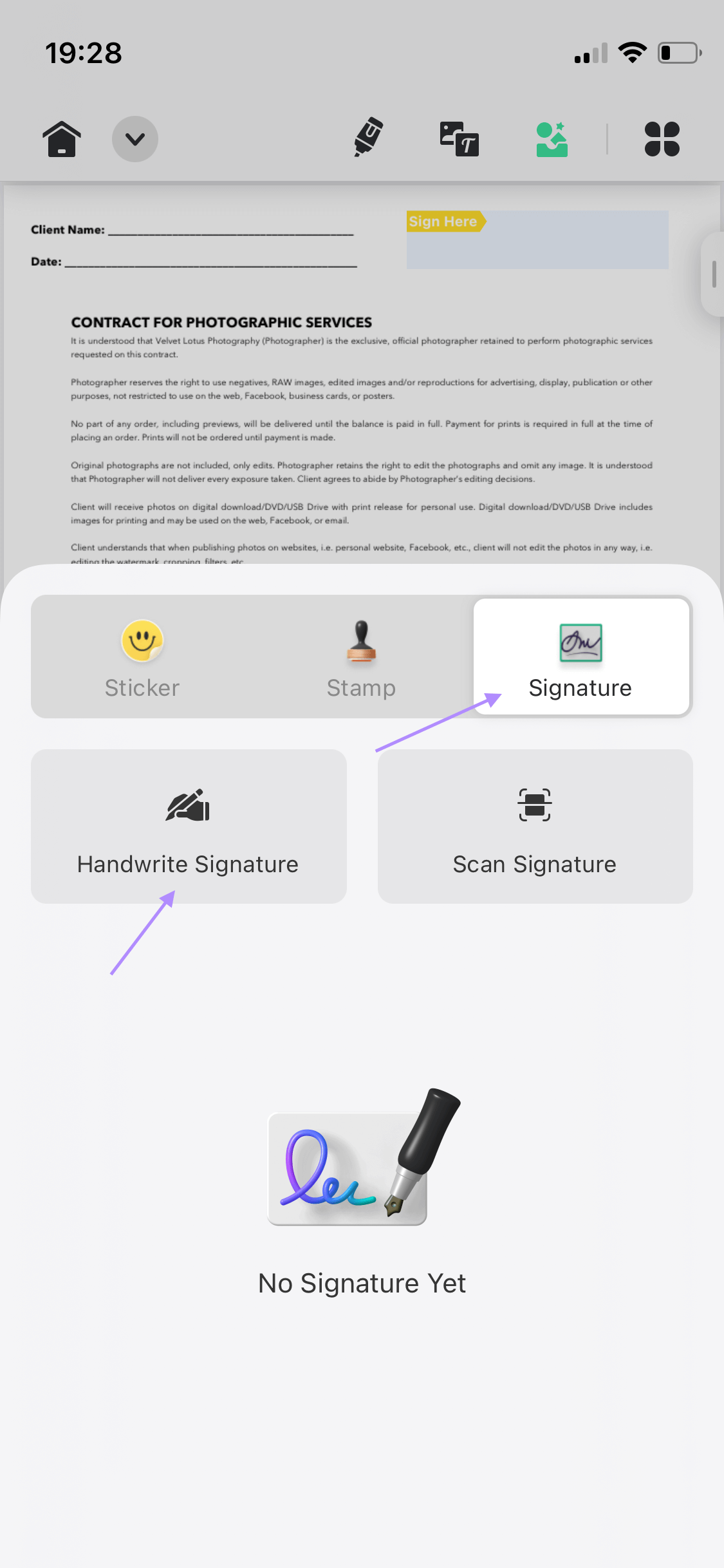 handwritten signareture in updf ios