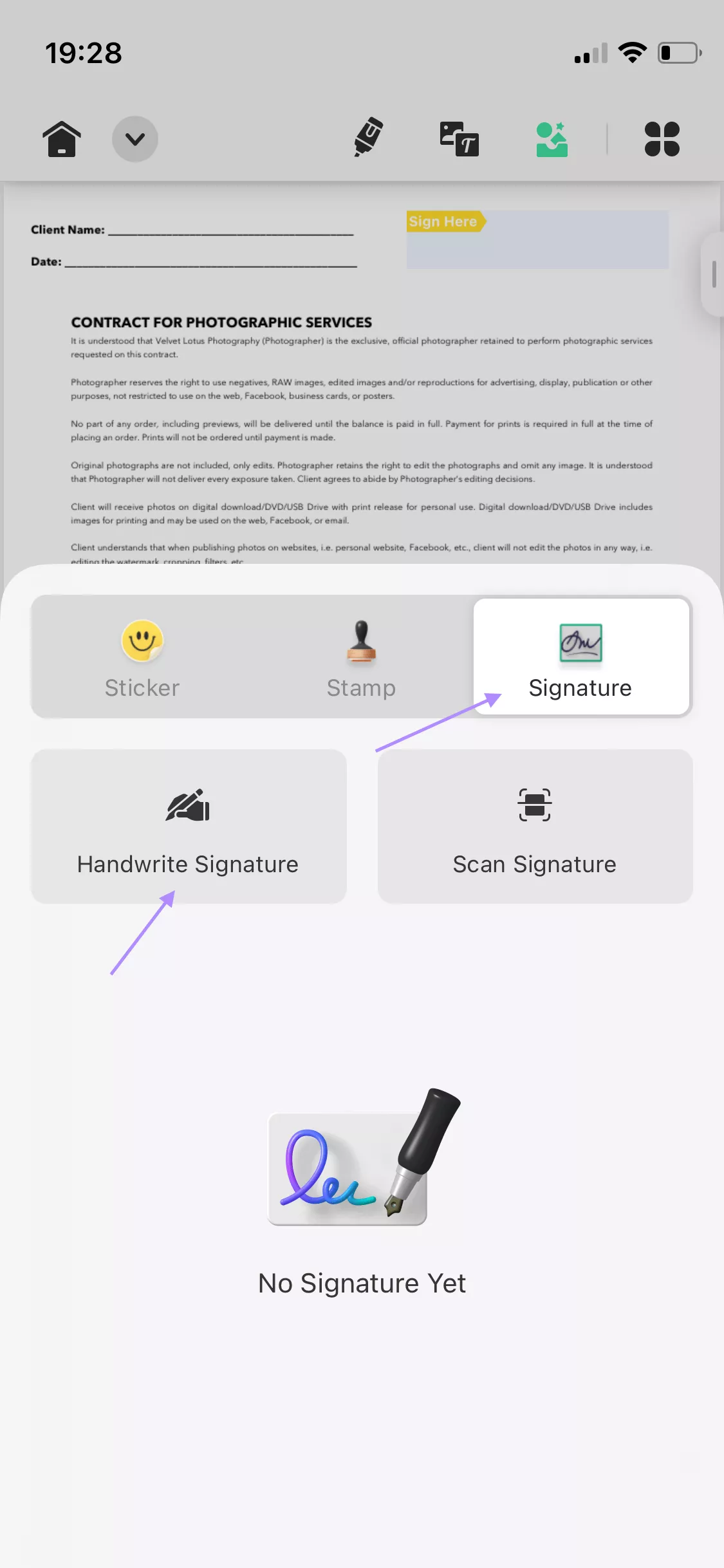 handwritten signareture in updf ios