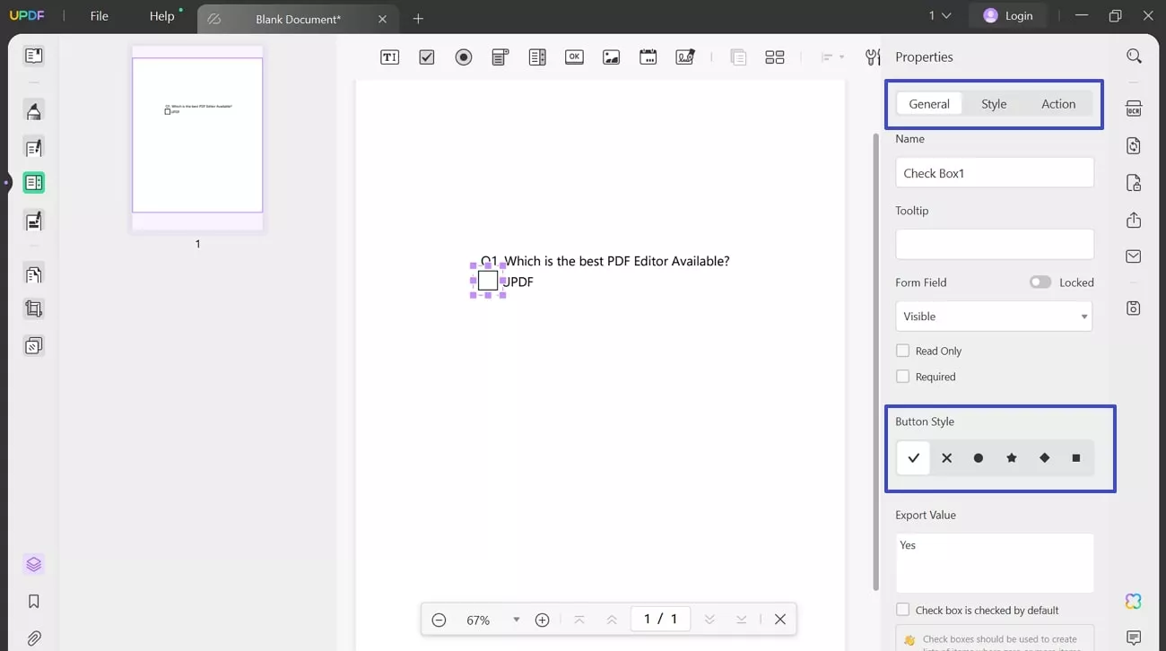 set the properties of checkbox