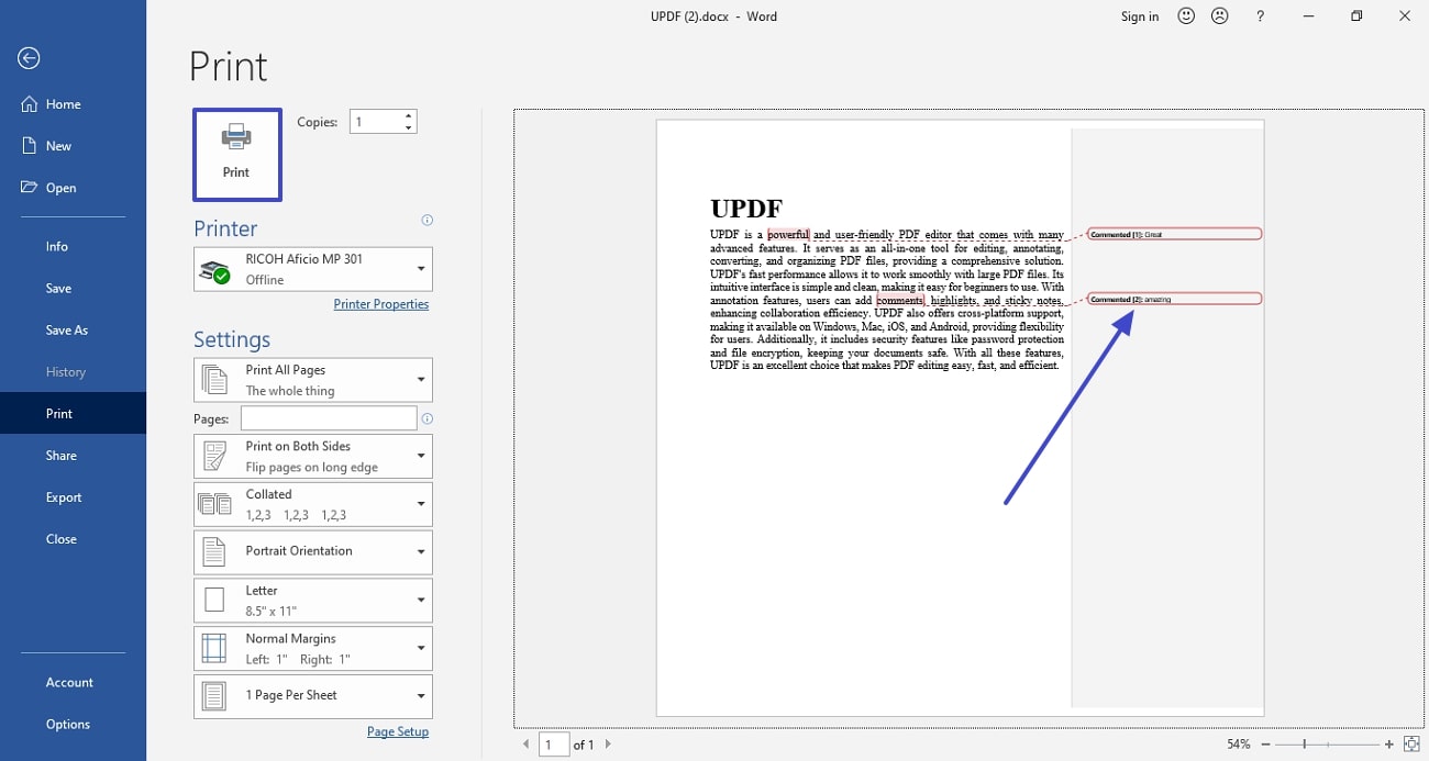 print word with comments