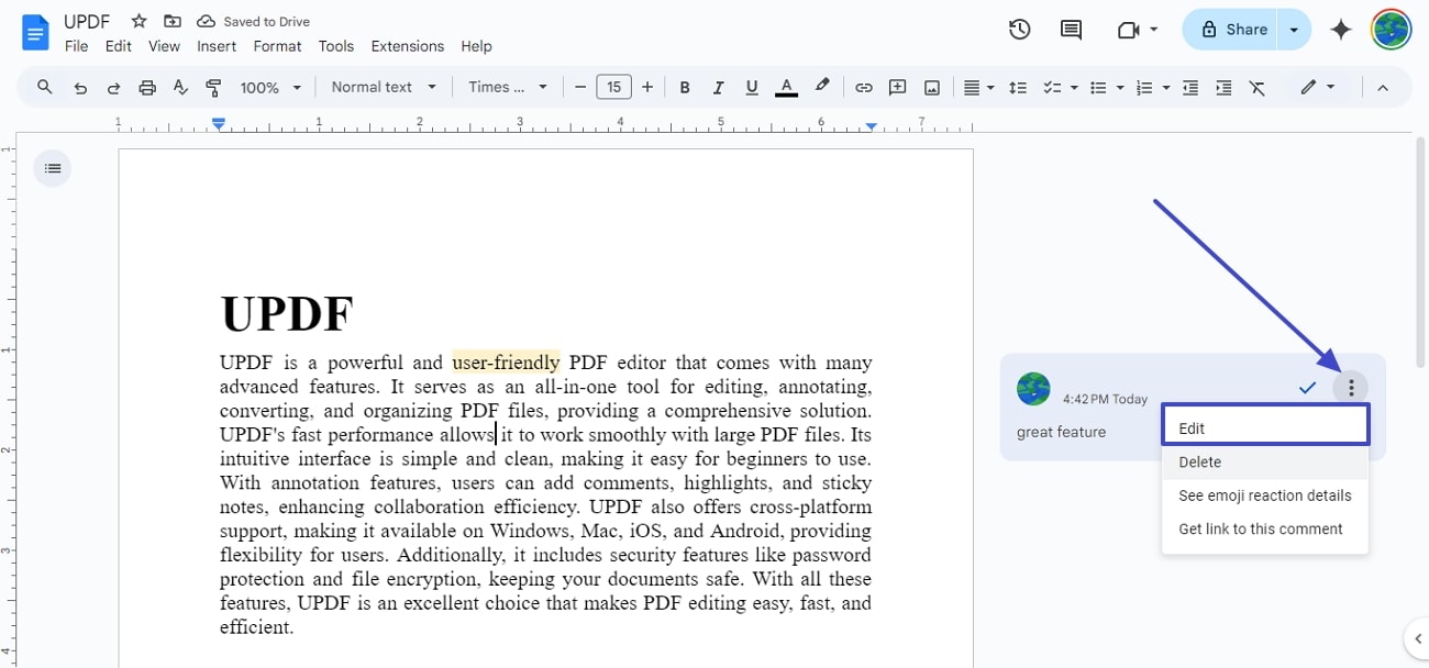 edit comment in google docs
