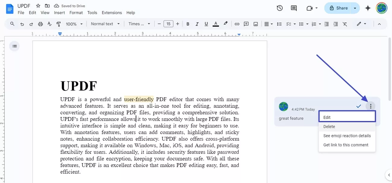 edit comment in google docs