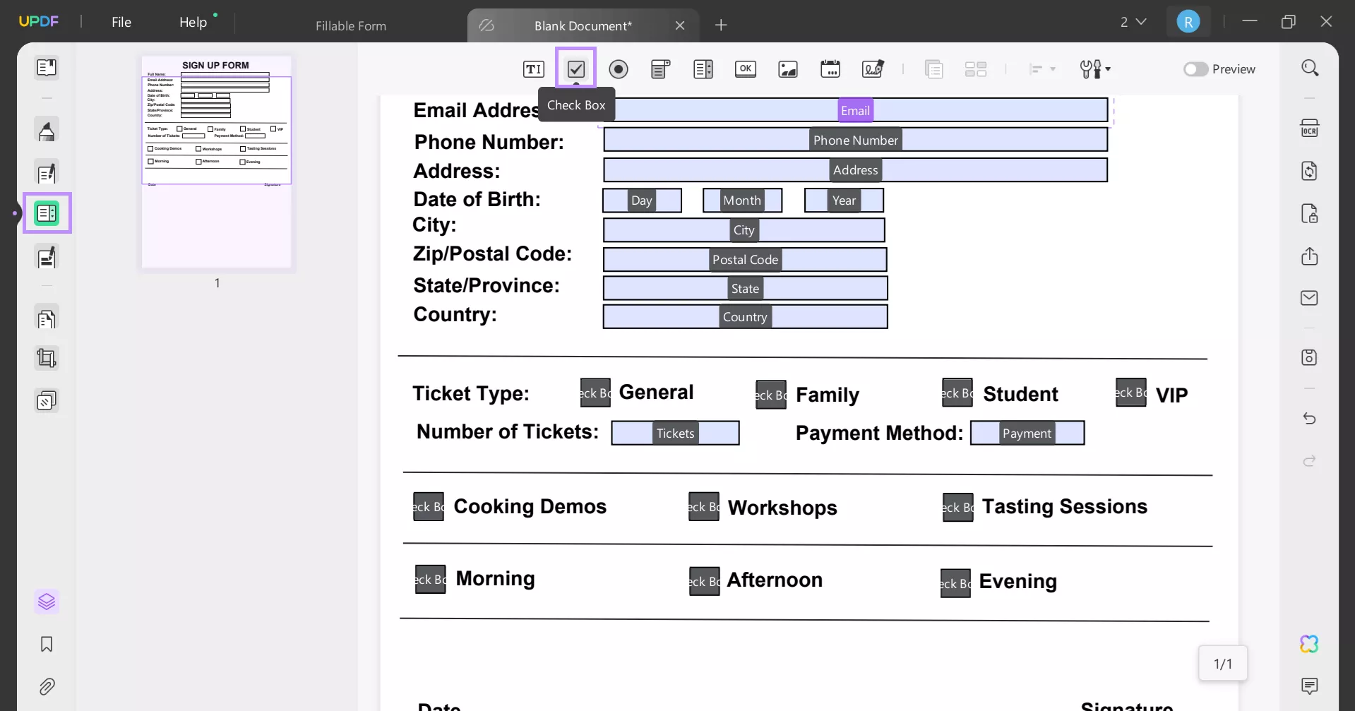 insert check boxes in the form updf windows