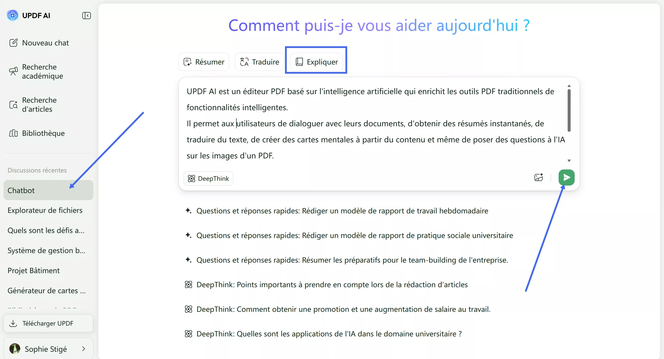 Saisissez une invite dans le chatbot