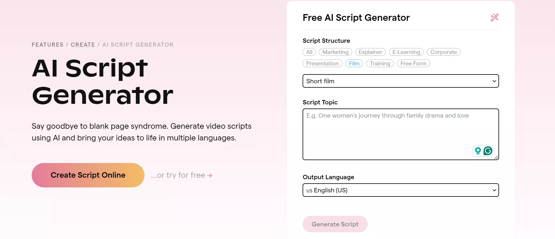 boords ai movie script generator website interface