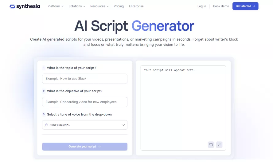 synthesia ai movie script generator website interface