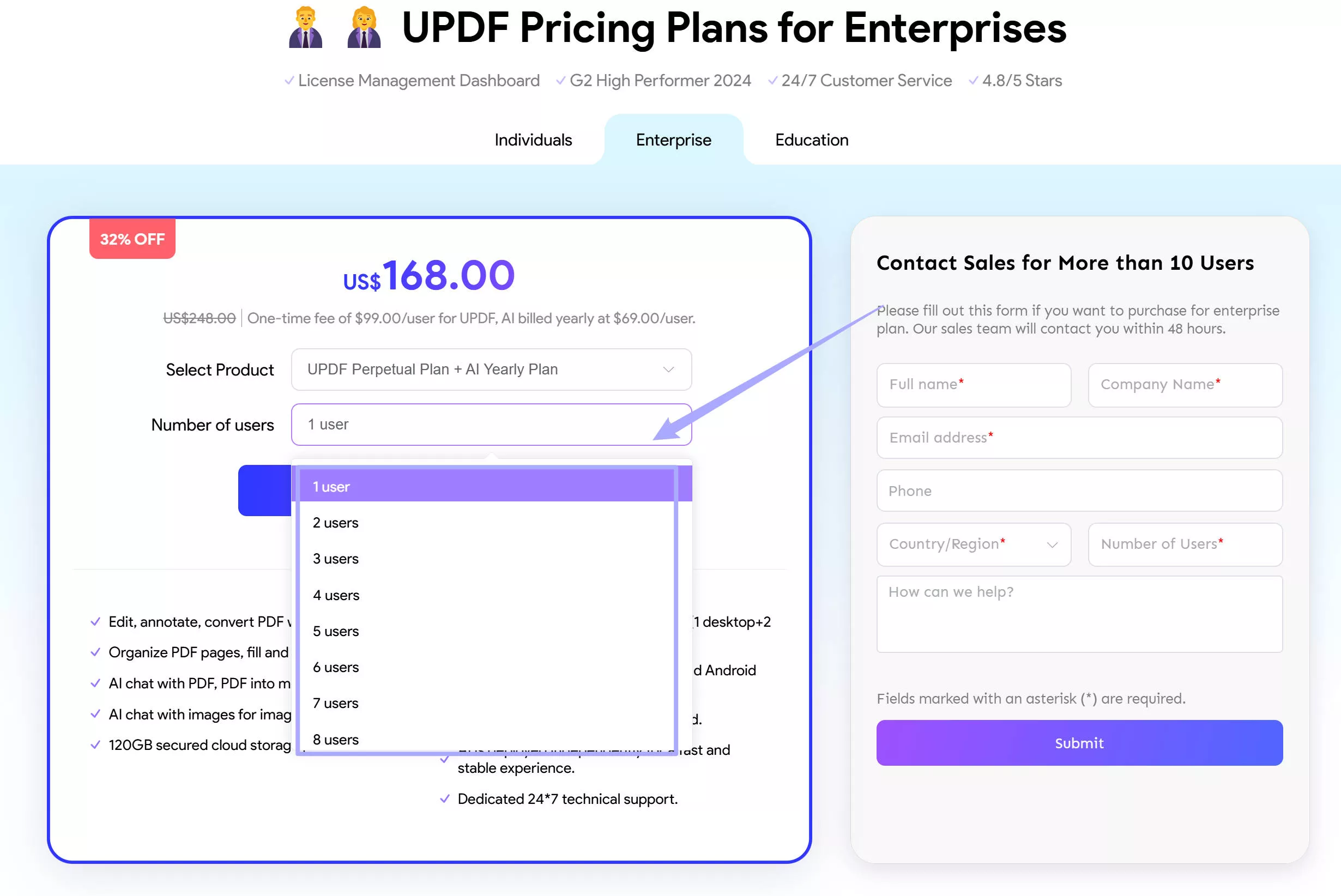 Select number of use for UPDF Enterprise Plan