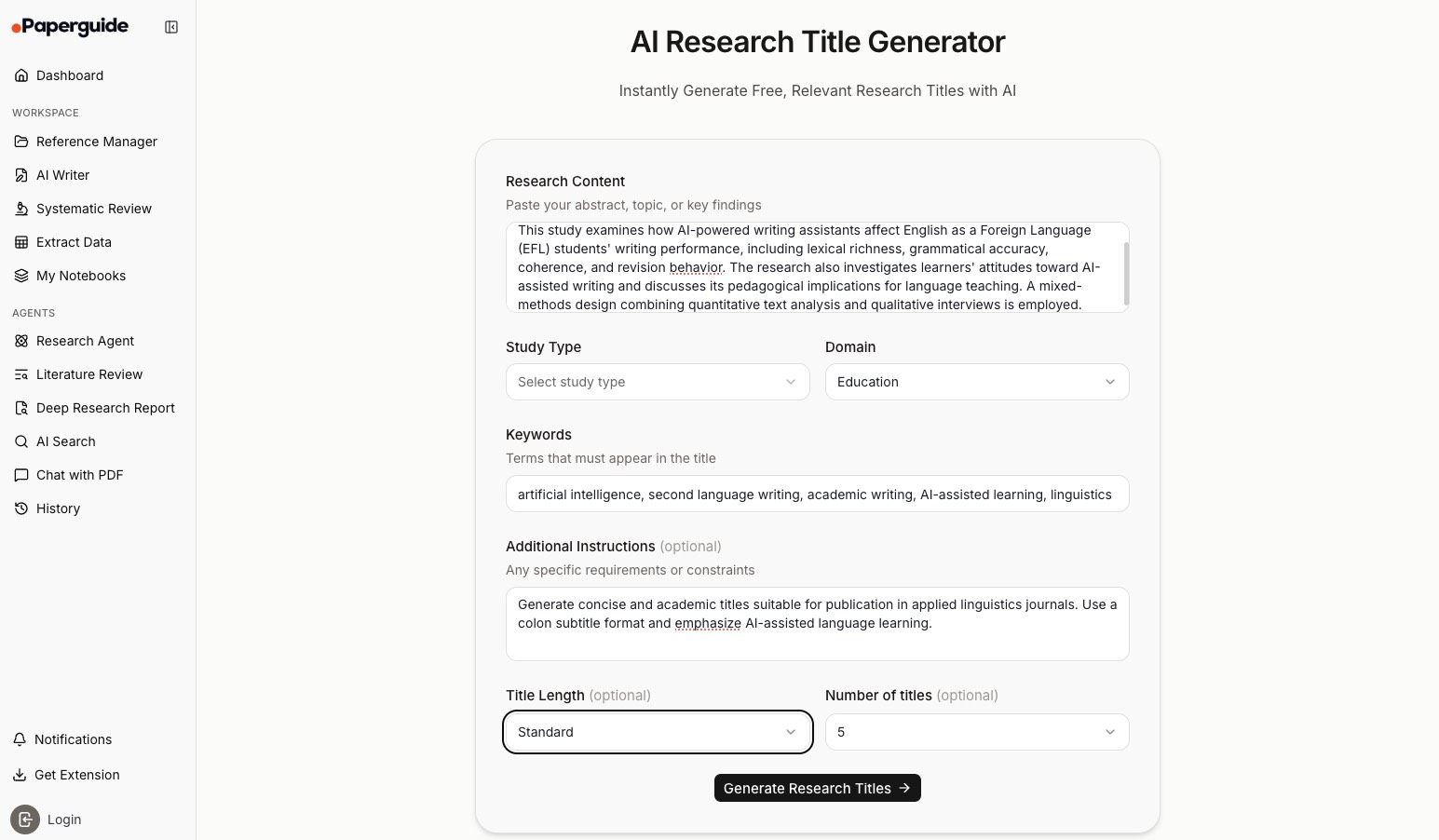 paperguide ai research title generator