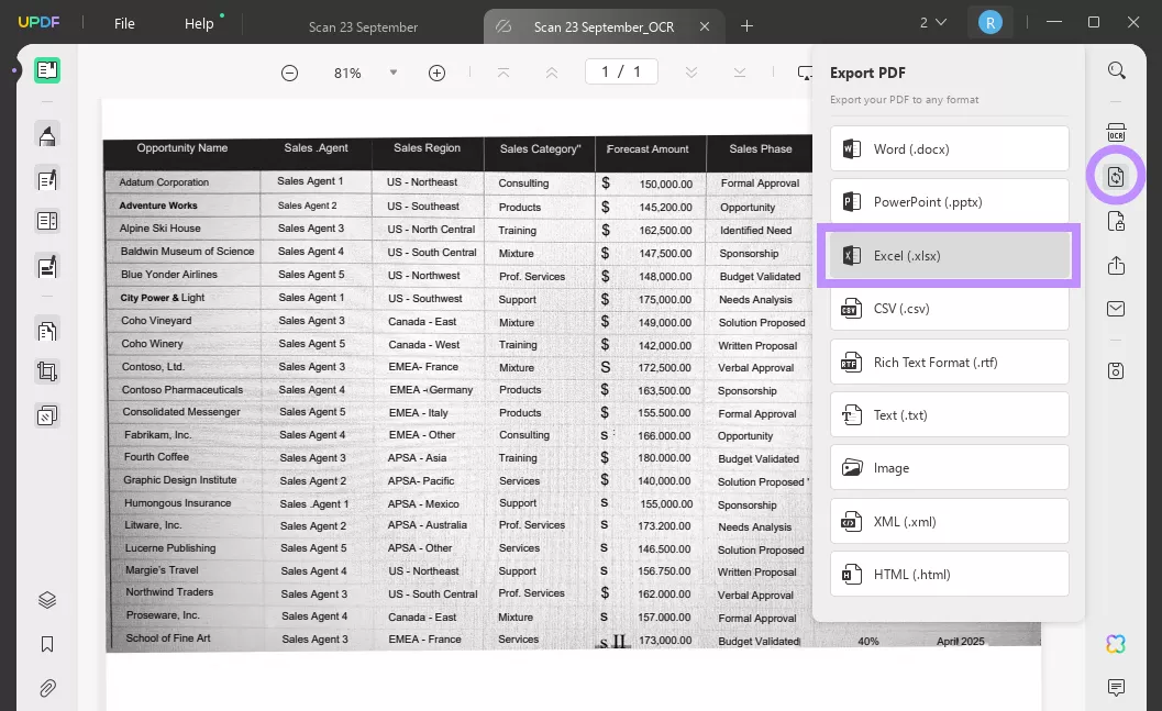 export scanned pdf as excel in updf on windows