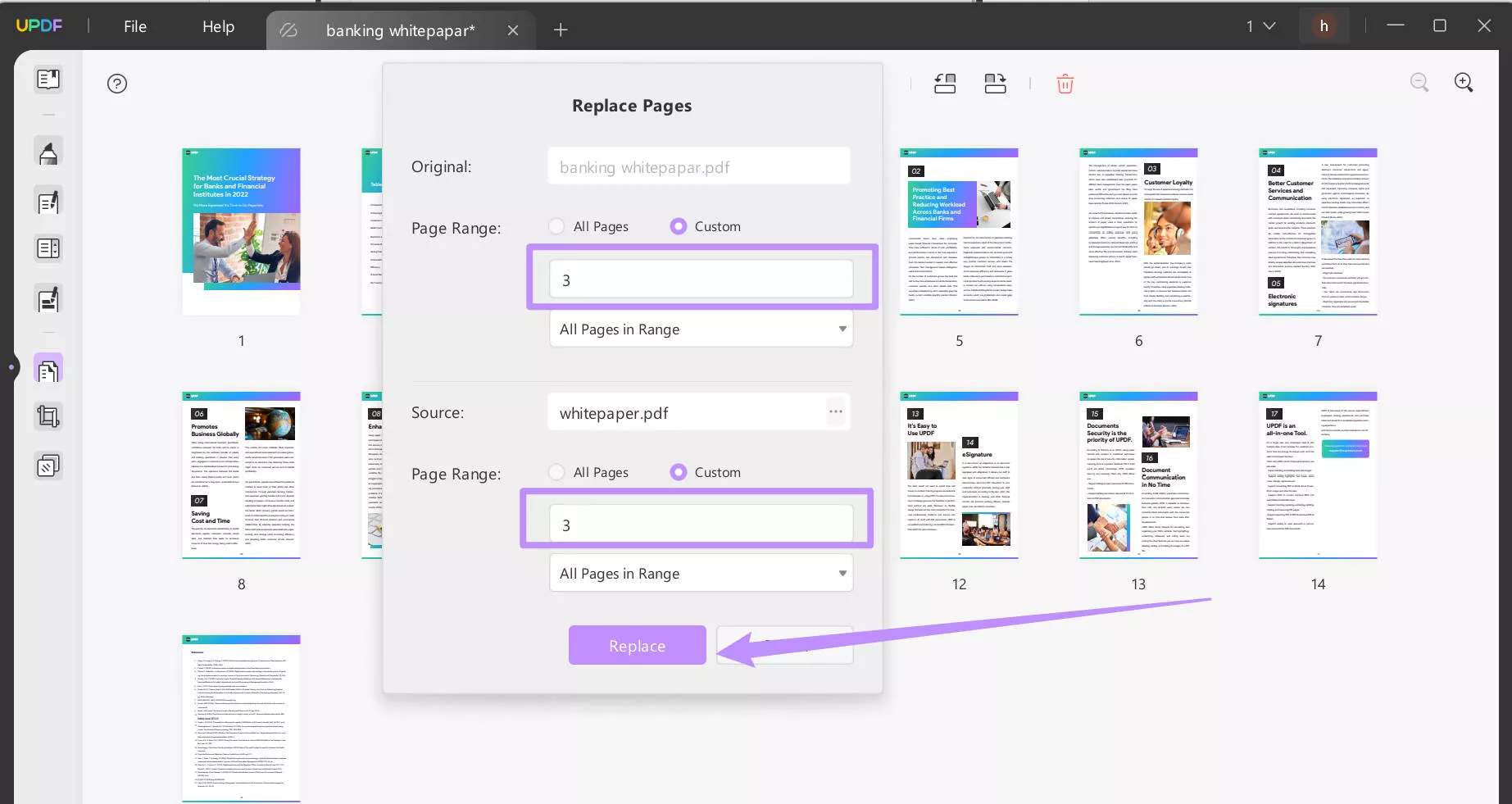 customize the page range to replace blank page with updf on windows