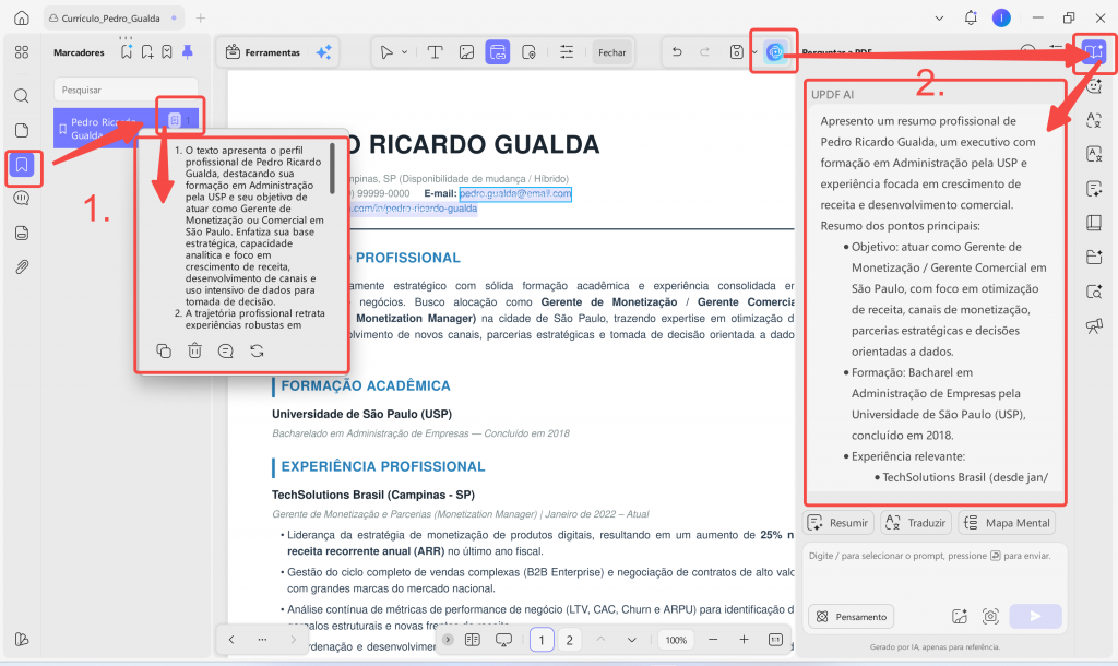 Resuma o conteúdo existente do currículo em PDF