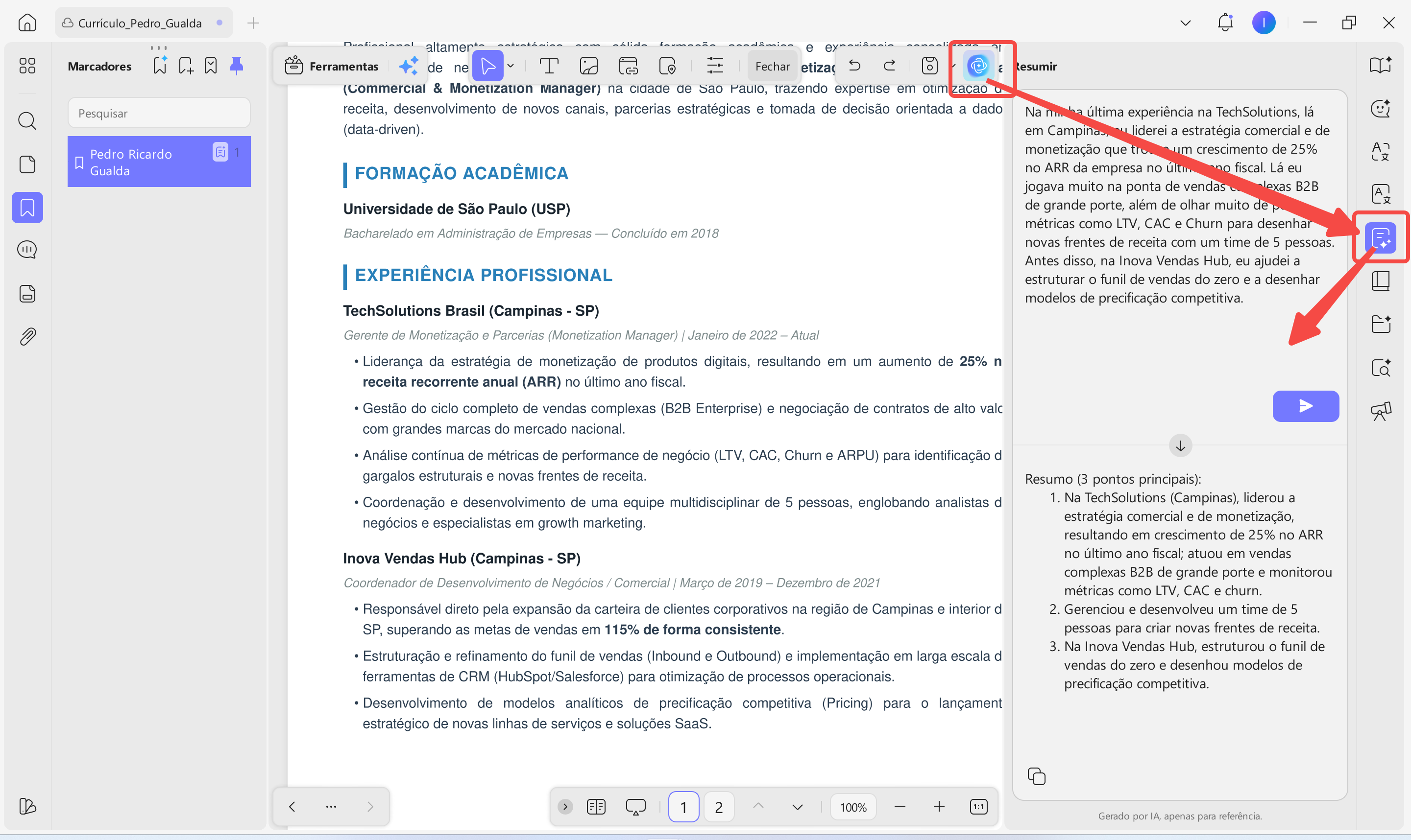 resumir experiência com updf ai