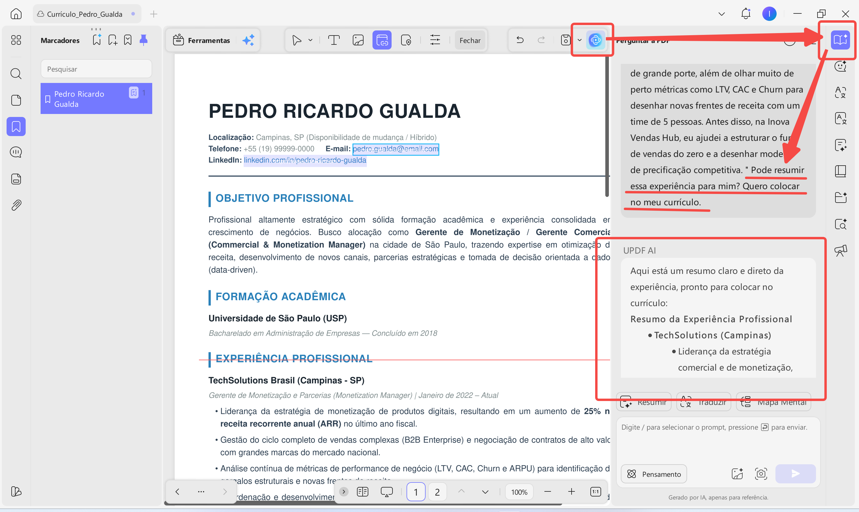 resumir essa experiência com updf ai