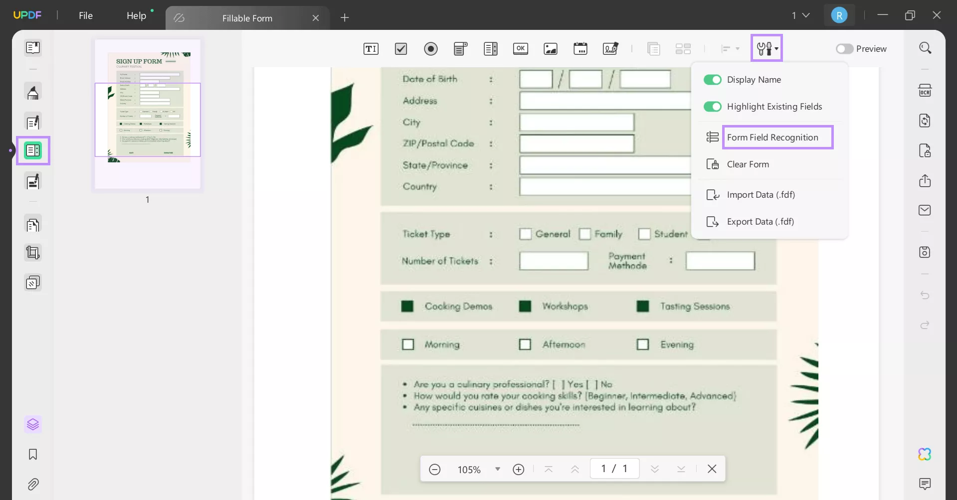 select form field recognition updf windows