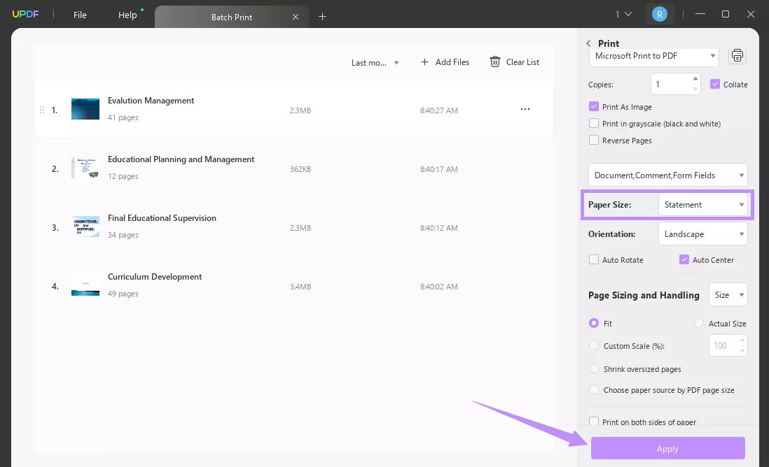 select statement paper size to batch print windows