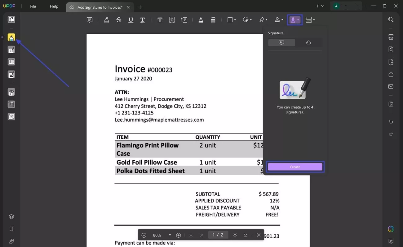 create signature on invoice updf