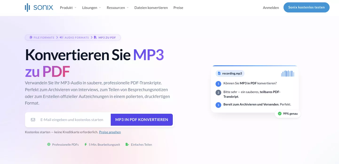 MP3 in PDF umwandeln mit Sonix