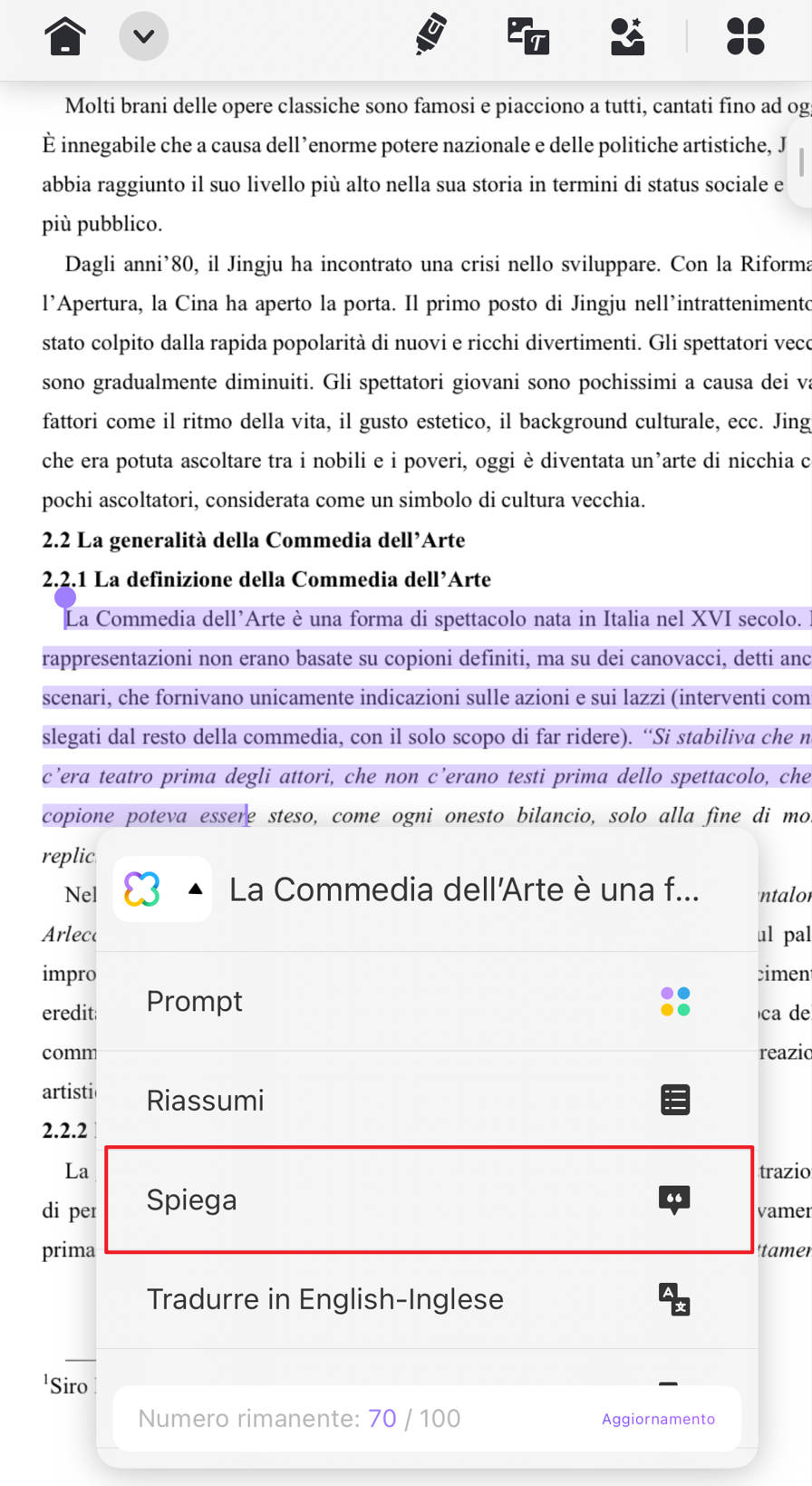 Spiega i testi selezionandoli su smartphone