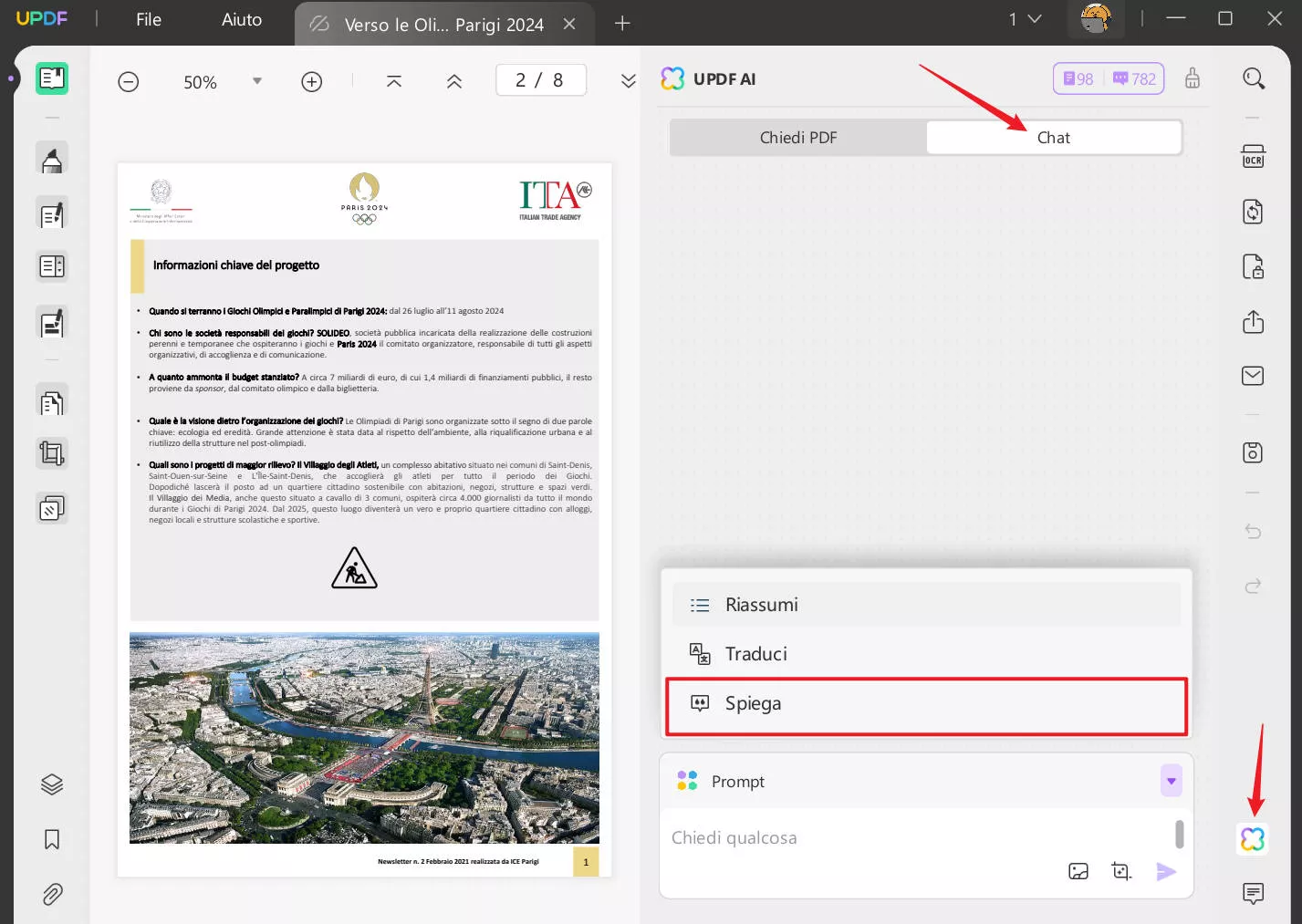 Spiega il PDF incollando il contenuto nella finestra AI