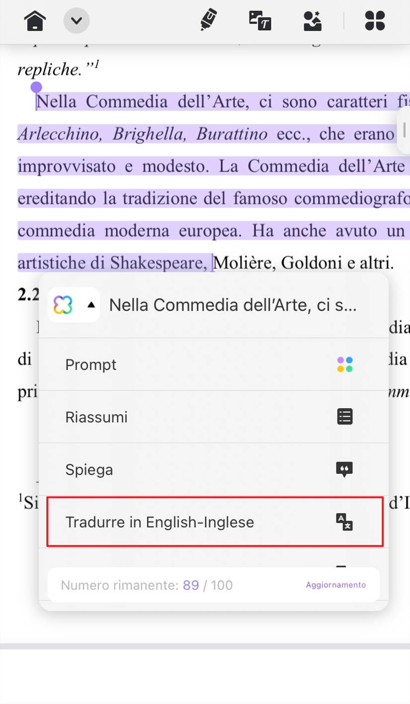 Tradurre il testo selezionandolo direttamente