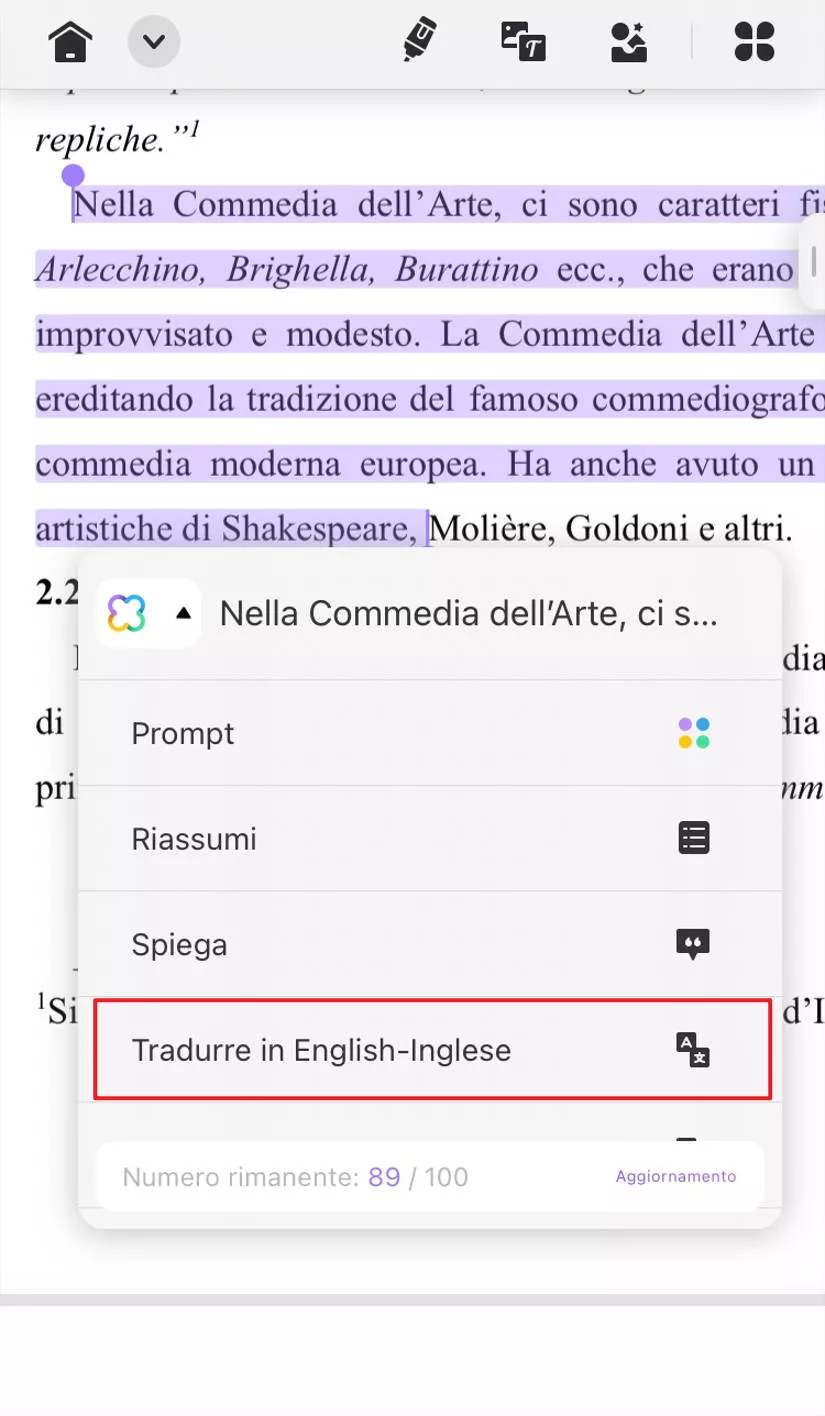 Tradurre il testo selezionandolo direttamente