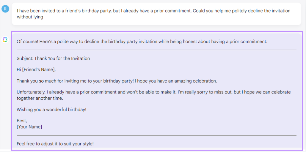 updf ai for declining an invitation for birthday party