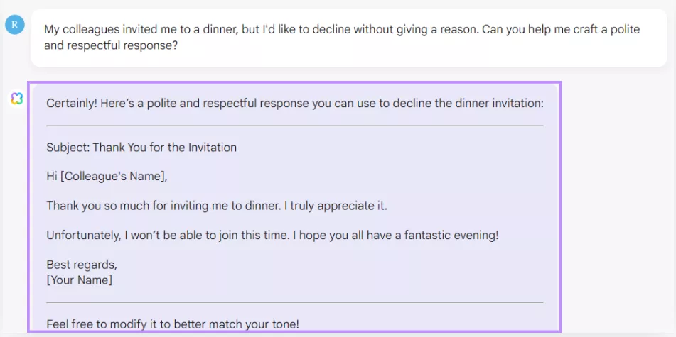 updf ai response to decline an invitation for colleagues dinner invitation
