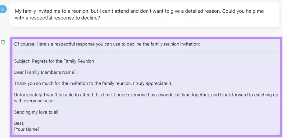 updf ai response to decline an invitation for family reunion