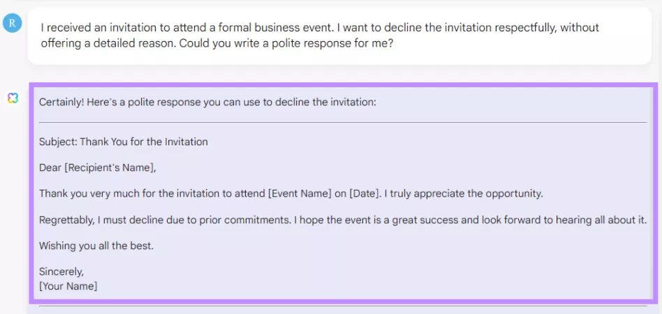 updf ai response to decline an invitation for formal business