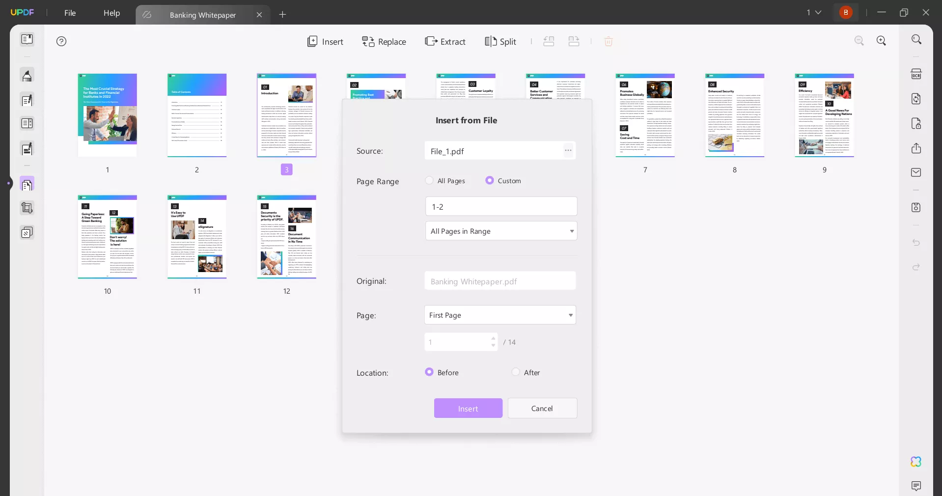 insert pages to PDF using UPDF