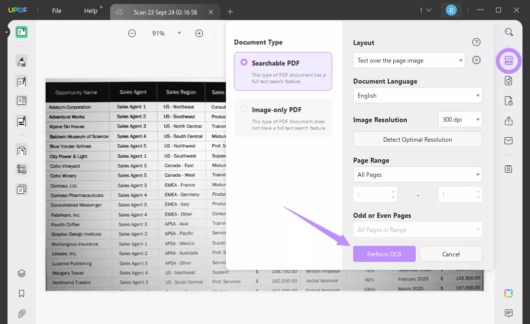 click perform ocr to recognize text using updf on windows