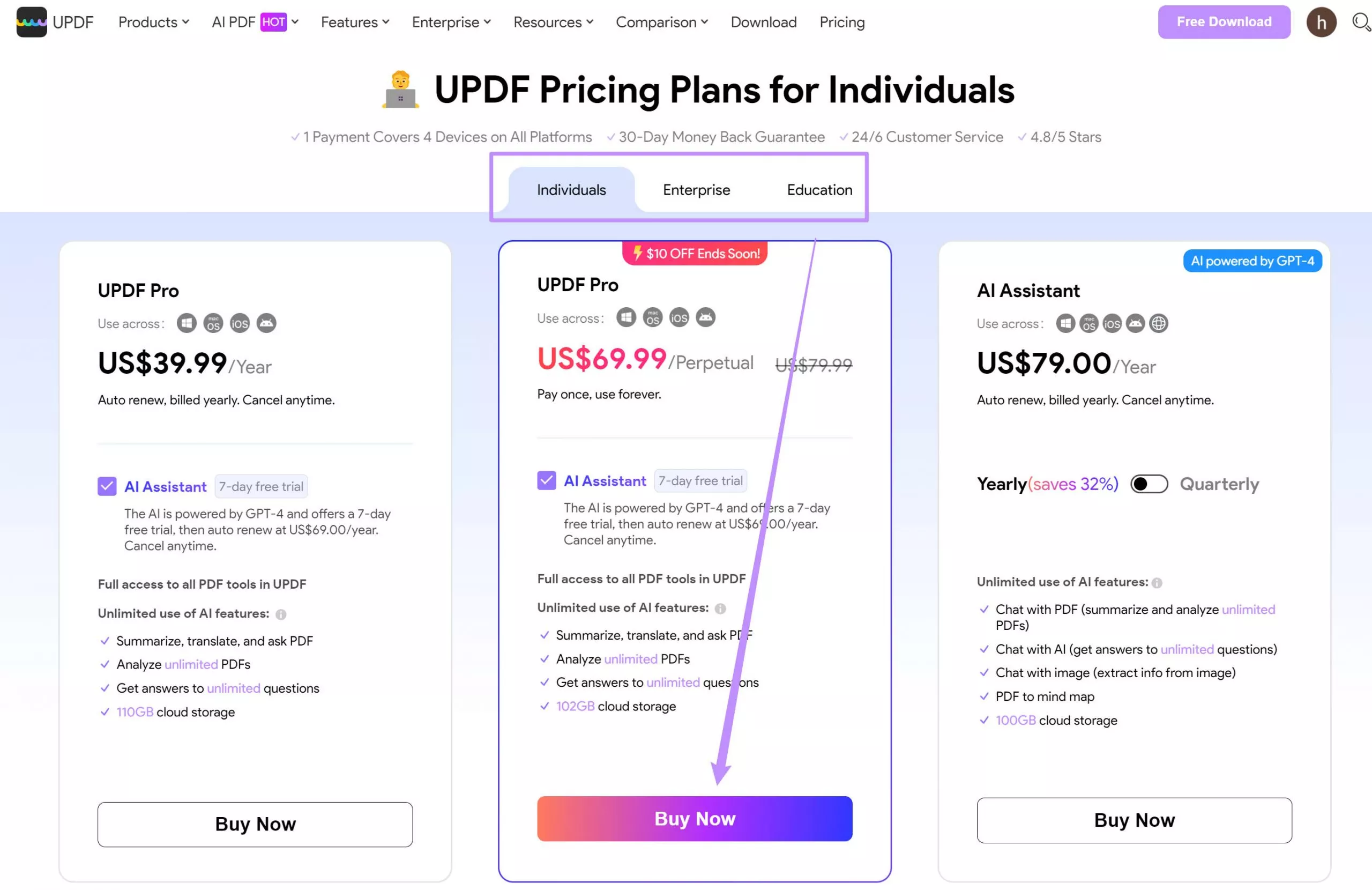 UPDF price page with USD 10 discount