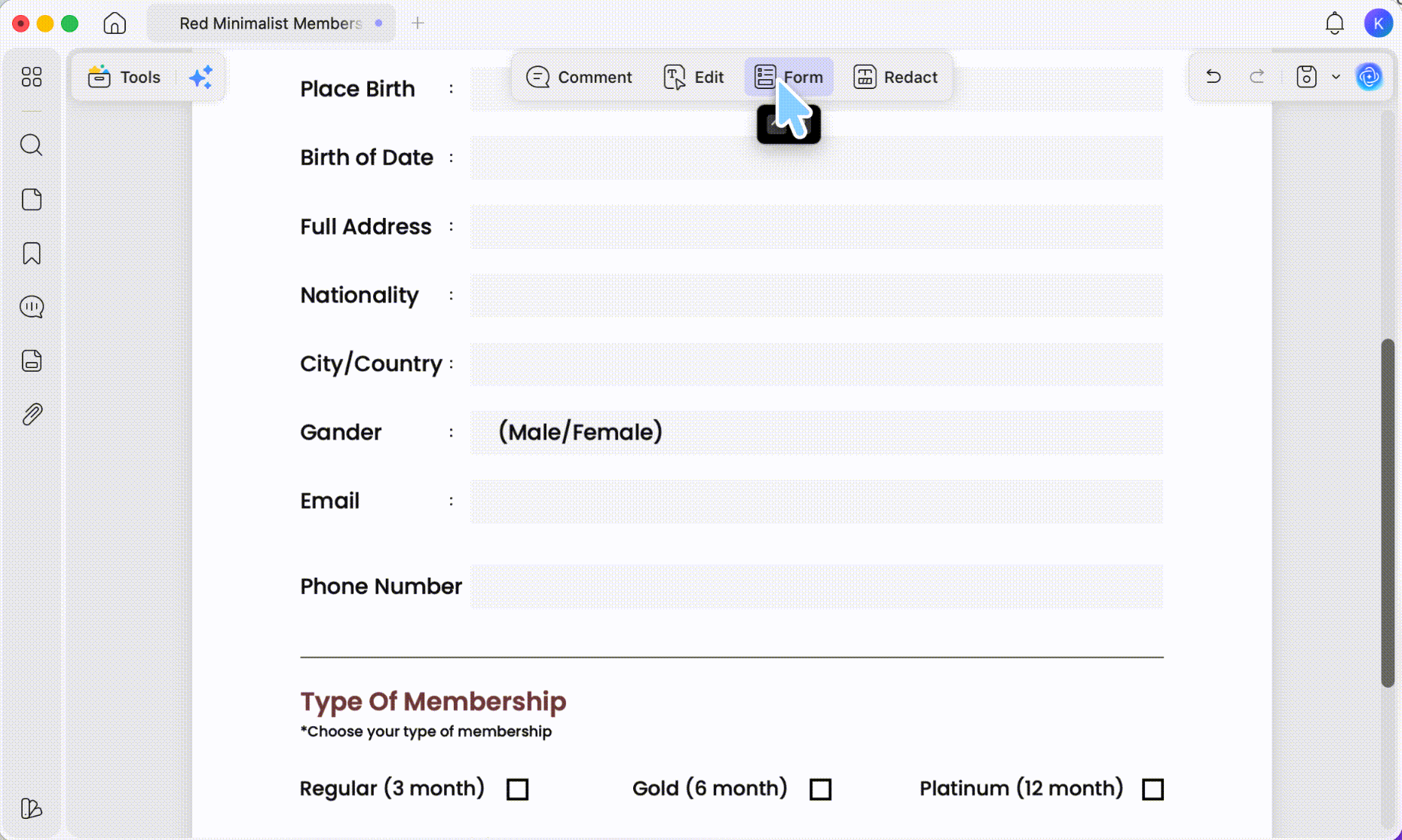 use the field tools in the top toolbar to place interactive fields