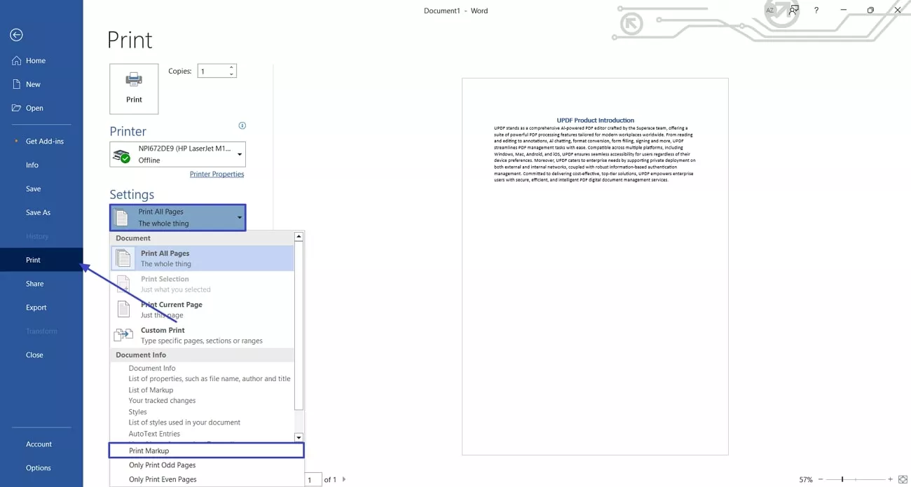 locate the print markup feature