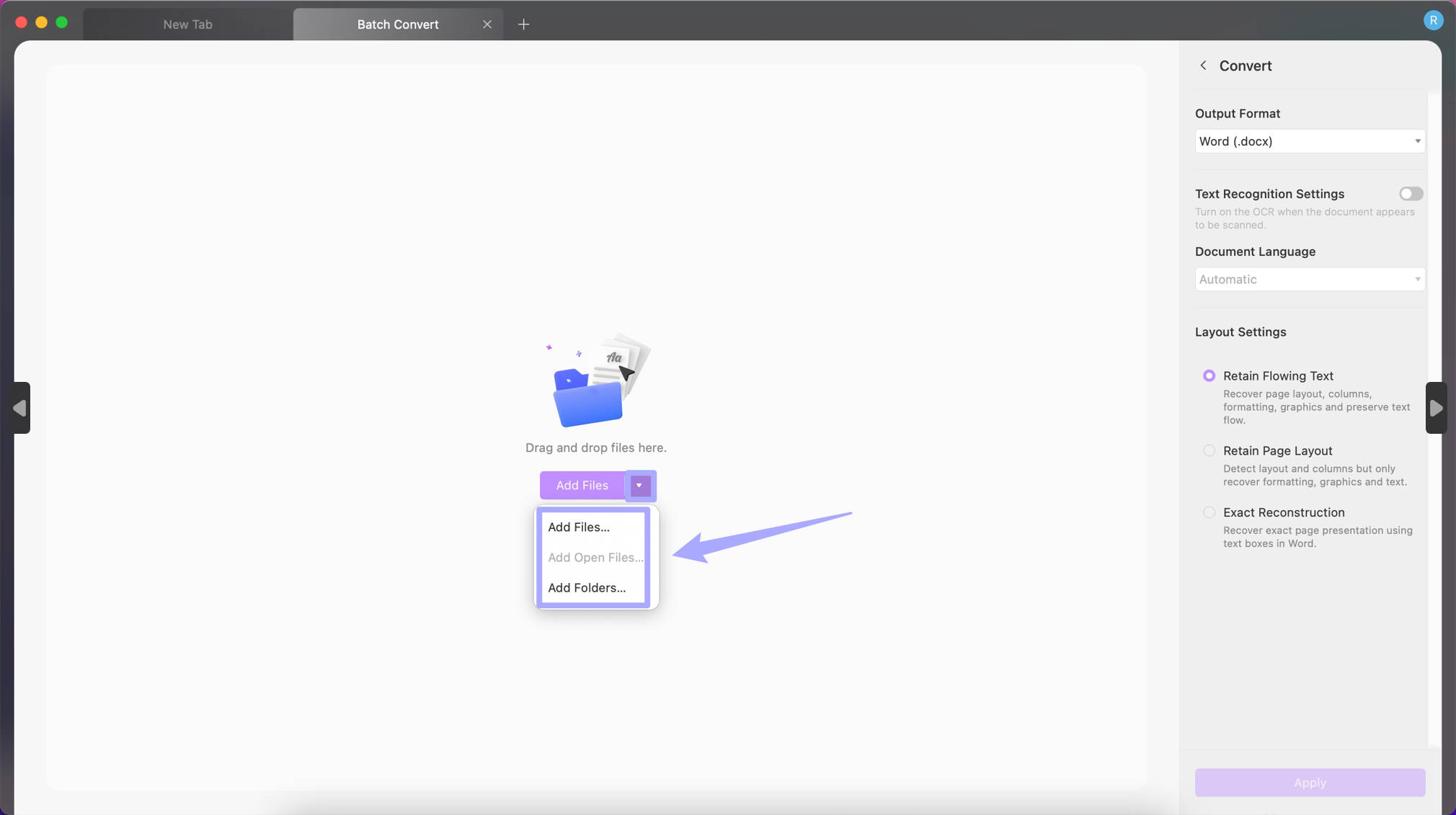 Add files to batch convert PDF with UPDF on Mac